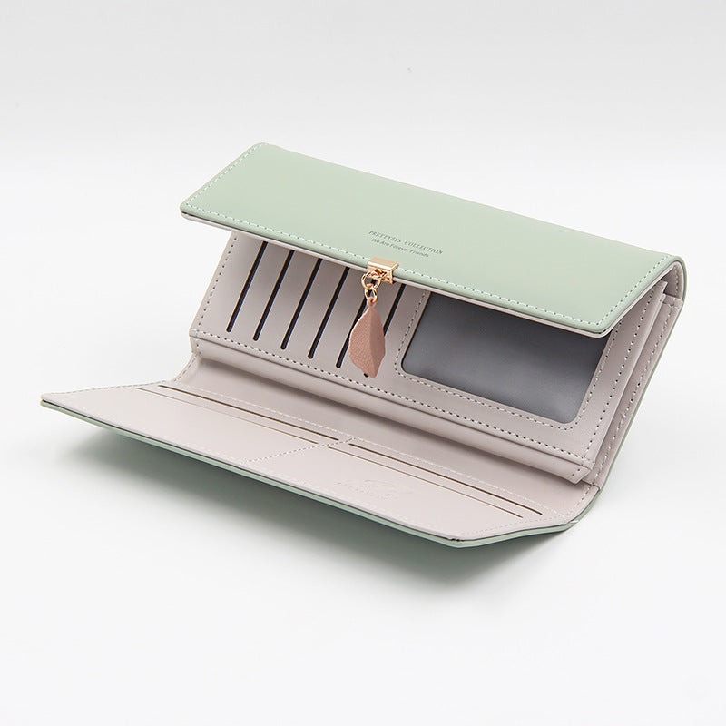 Black Elegant Ladies Long PU Leather Wallet - Slim Clutch with Leaf Charm, Multi-Card Holder & Organizer