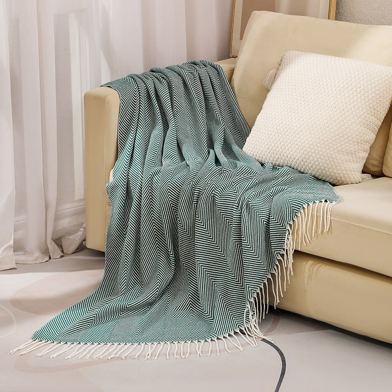 Green Elegant Herringbone Tassel Throw Blanket - Large Acrylic Faux Cashmere Soft Cozy Blanket for Sofa, Bed &amp; Decor (130x240cm)