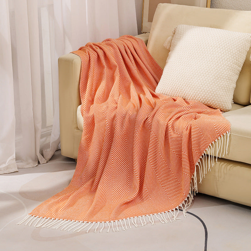 Orange Elegant Herringbone Tassel Throw Blanket - Large Acrylic Faux Cashmere Soft Cozy Blanket for Sofa, Bed &amp; Decor (130x240cm)