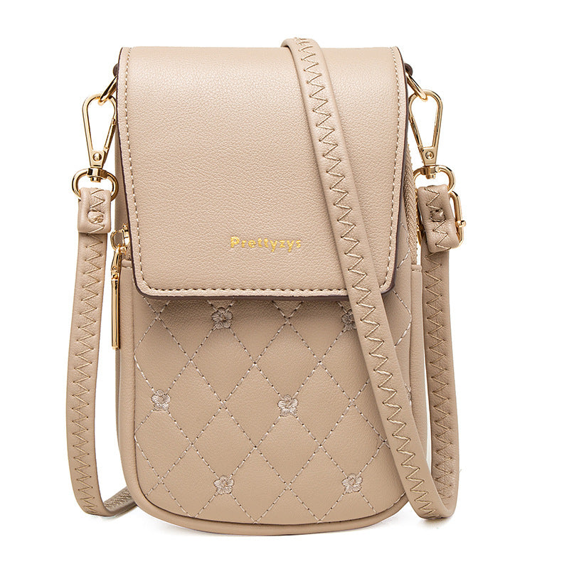 Beige Chic Quilted Crossbody Phone Bag - PU Leather Mini Purse with Floral Stitching &amp; Adjustable Strap