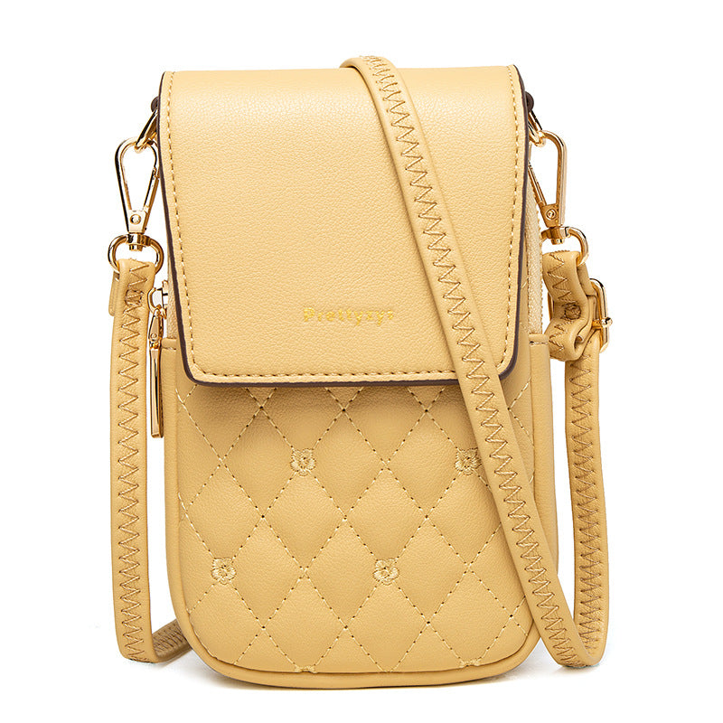 Yellow Chic Quilted Crossbody Phone Bag - PU Leather Mini Purse with Floral Stitching &amp; Adjustable Strap