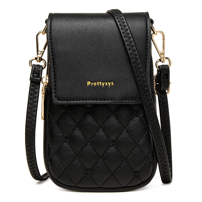 Black Chic Quilted Crossbody Phone Bag - PU Leather Mini Purse with Floral Stitching &amp; Adjustable Strap