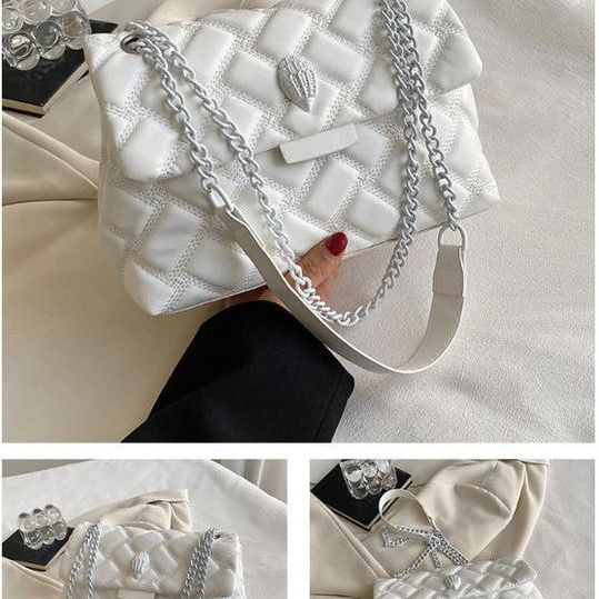 White Chic Quilted Crossbody Bag for Women - PU Leather Diamond Pattern Chain Strap Shoulder Purse with Elegant Clasp