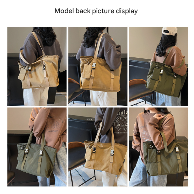 Khaki Women's Large Capacity Nylon Tote Bag - Stylish Casual Shoulder & Crossbody Bag with Detachable Pouch