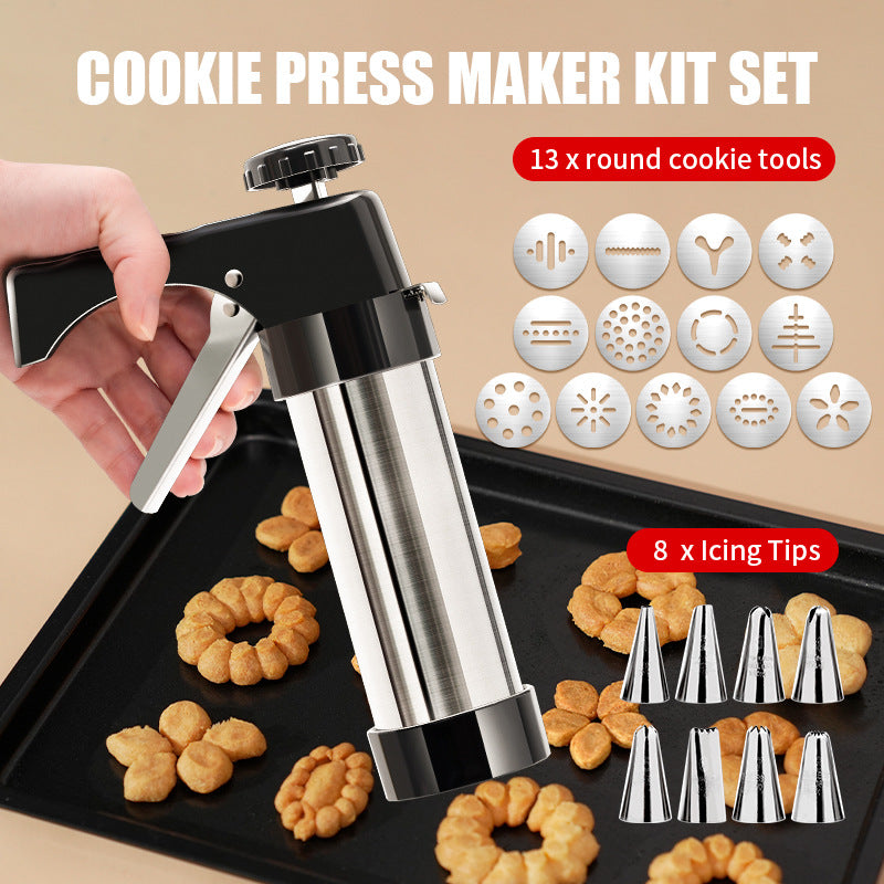 Silver and Black Stainless Steel Cookie Press Gun Kit - Biscuit Maker & Icing Decorating Set with 13 Discs & 8 Nozzles