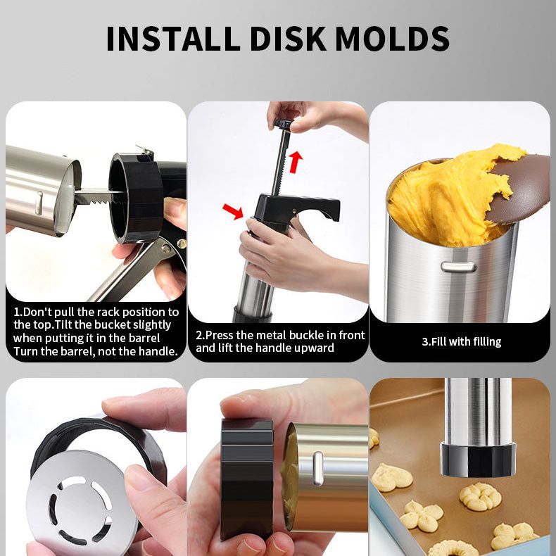 Silver and Black Stainless Steel Cookie Press Gun Kit - Biscuit Maker & Icing Decorating Set with 13 Discs & 8 Nozzles