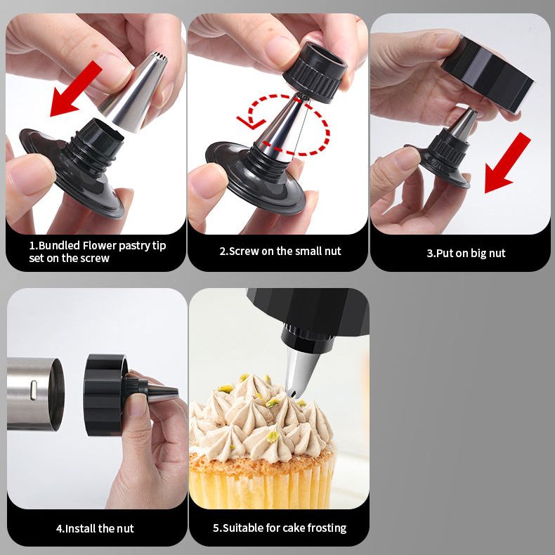 Silver and Black Stainless Steel Cookie Press Gun Kit - Biscuit Maker & Icing Decorating Set with 13 Discs & 8 Nozzles