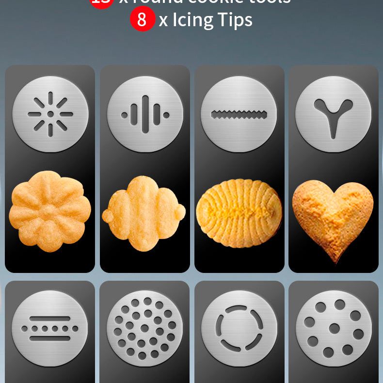 Silver and Black Stainless Steel Cookie Press Gun Kit - Biscuit Maker & Icing Decorating Set with 13 Discs & 8 Nozzles