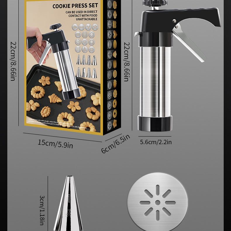 Silver and Black Stainless Steel Cookie Press Gun Kit - Biscuit Maker & Icing Decorating Set with 13 Discs & 8 Nozzles
