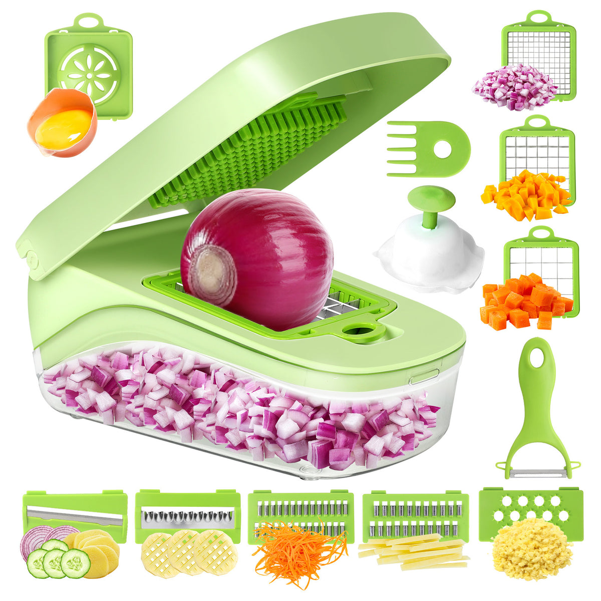 Green Versatile 14-in-1 Vegetable Chopper &amp; Slicer Set - Multi-functional Kitchen Mandoline Dicer &amp; Grater