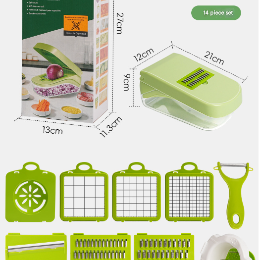 Green Versatile 14-in-1 Vegetable Chopper & Slicer Set - Multi-functional Kitchen Mandoline Dicer & Grater