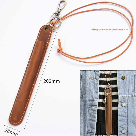 Coffee Vintage Top-Grain Leather Pen Sleeve Holder with Neck Strap - Protective Single Pen Case