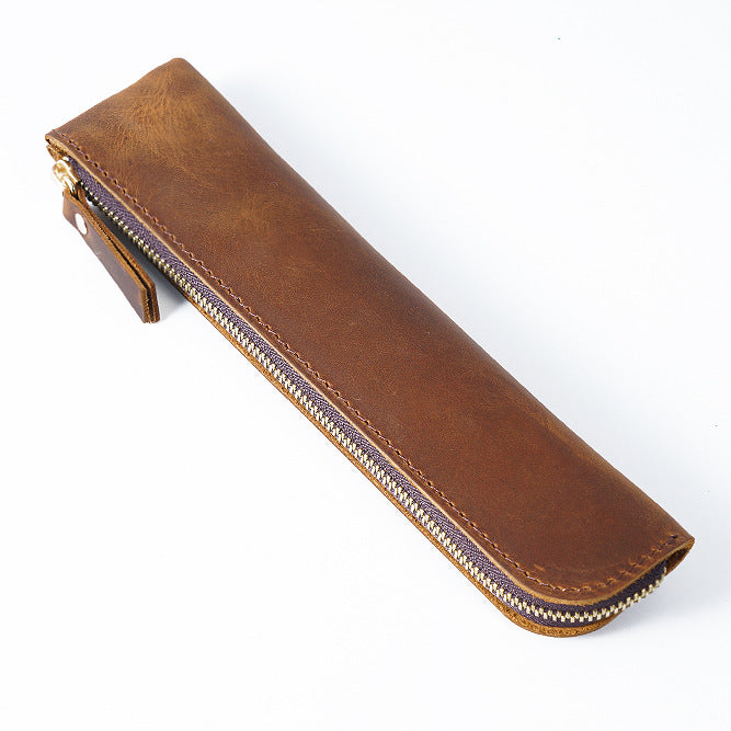 Brown Vintage Crazy Horse Leather Zippered Pen Case - Retro Pencil Pouch &amp; Small Accessories Bag
