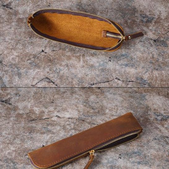 Brown Vintage Crazy Horse Leather Zippered Pen Case - Retro Pencil Pouch & Small Accessories Bag