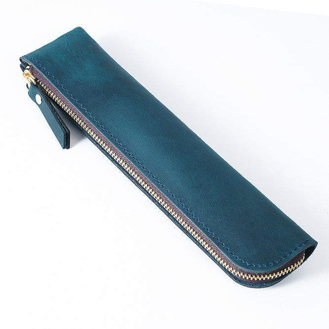 Blue Vintage Crazy Horse Leather Zippered Pen Case - Retro Pencil Pouch &amp; Small Accessories Bag