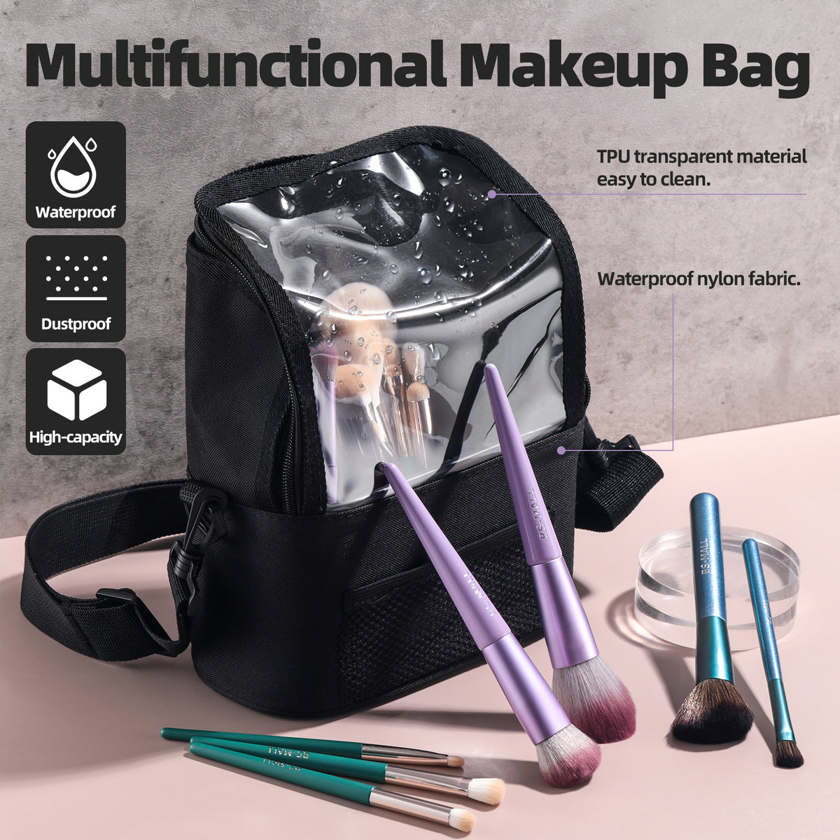 Black Professional Makeup Bag Organizer - Large Capacity Travel Cosmetic Case with Brush Holder, Adjustable Dividers &amp; Shoulder Strap