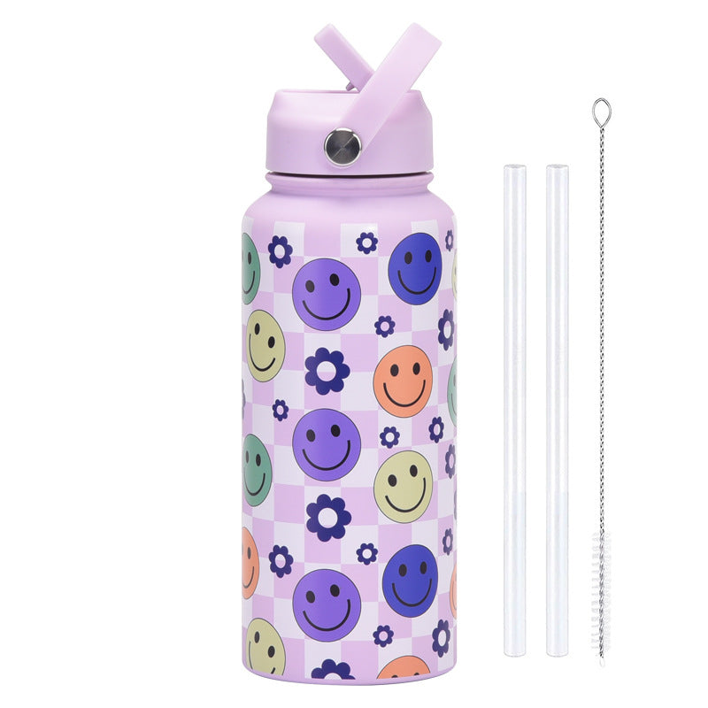 Style 27A Purple Smiley Face Pattern Vibrant Fun Print 1L Stainless Steel Insulated Water Bottle - 32oz Large Capacity with Straw Lid &amp; Carry Handle - BPA-Free