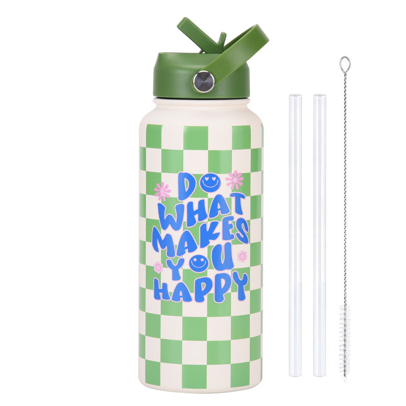 Style 23J Green and White Plaid Vibrant Fun Print 1L Stainless Steel Insulated Water Bottle - 32oz Large Capacity with Straw Lid &amp; Carry Handle - BPA-Free