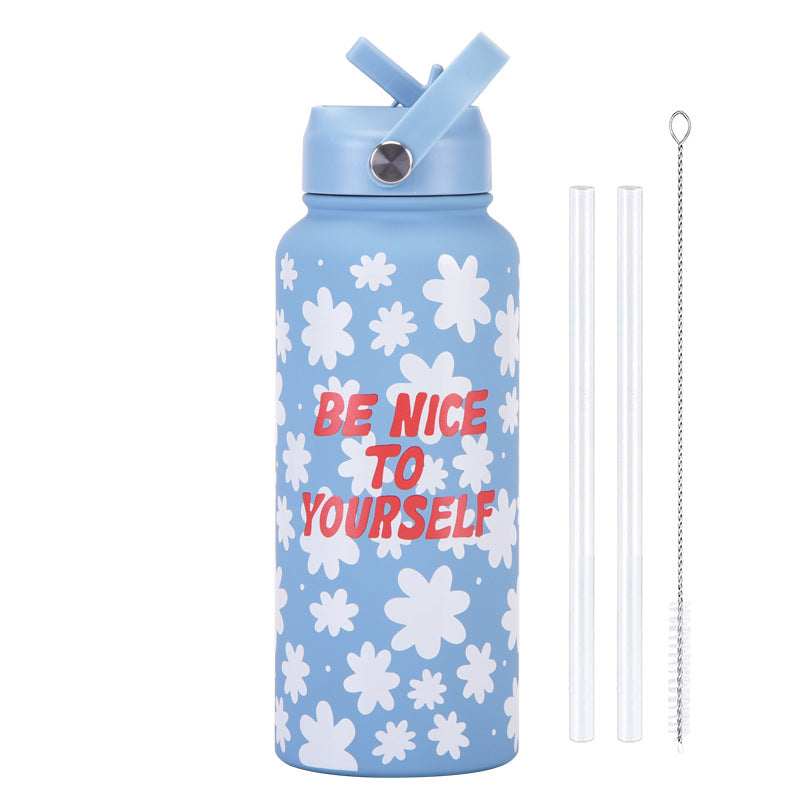 Style 19A Blue and White Plaid Vibrant Fun Print 1L Stainless Steel Insulated Water Bottle - 32oz Large Capacity with Straw Lid &amp; Carry Handle - BPA-Free