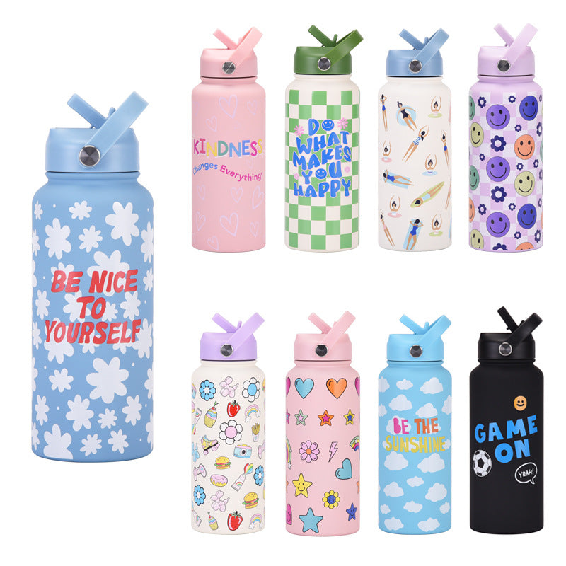 Style 19A Blue and White Plaid Vibrant Fun Print 1L Stainless Steel Insulated Water Bottle - 32oz Large Capacity with Straw Lid & Carry Handle - BPA-Free