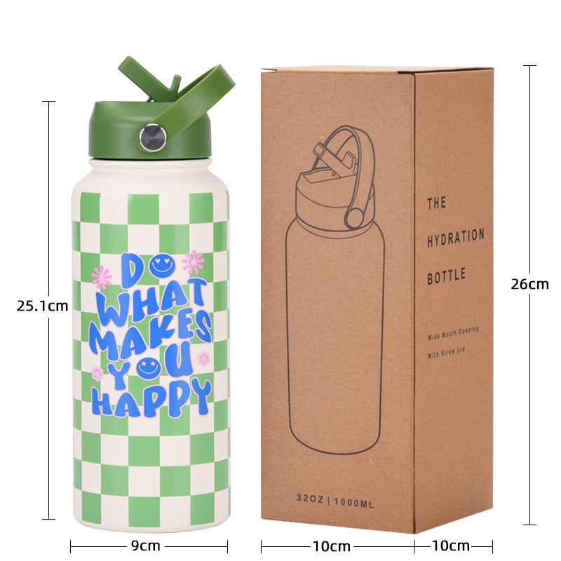 Style 19A Blue and White Plaid Vibrant Fun Print 1L Stainless Steel Insulated Water Bottle - 32oz Large Capacity with Straw Lid & Carry Handle - BPA-Free