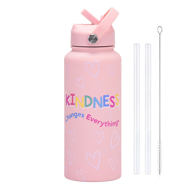 Style 11A Pink Vibrant Fun Print 1L Stainless Steel Insulated Water Bottle - 32oz Large Capacity with Straw Lid &amp; Carry Handle - BPA-Free