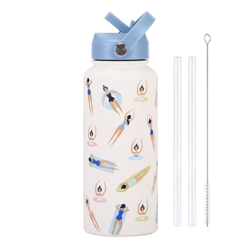 Style 23C White and Blue Vibrant Fun Print 1L Stainless Steel Insulated Water Bottle - 32oz Large Capacity with Straw Lid &amp; Carry Handle - BPA-Free
