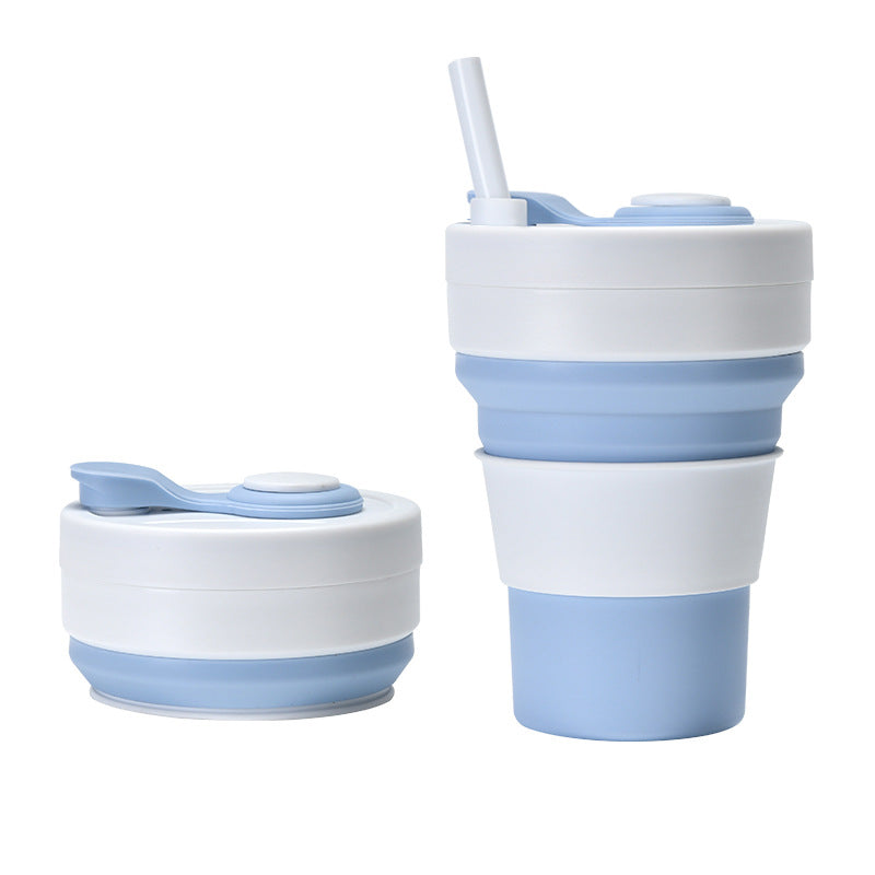 2 Pcs White and Blue 350ml Collapsible Silicone Travel Cup - Portable, Leak-Proof &amp; Food-Grade Drinking Mug with Lid, Insulating Sleeve &amp; Straw