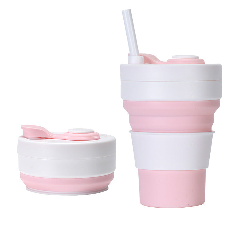 2 Pcs White and Pink 350ml Collapsible Silicone Travel Cup - Portable, Leak-Proof &amp; Food-Grade Drinking Mug with Lid, Insulating Sleeve &amp; Straw