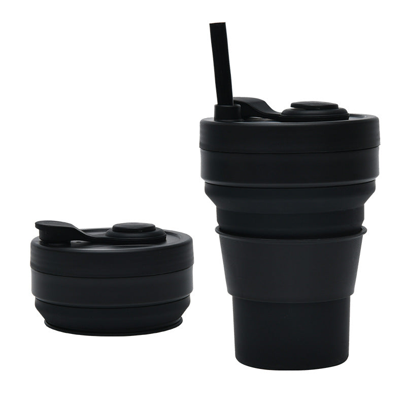 2 Pcs Black 350ml Collapsible Silicone Travel Cup - Portable, Leak-Proof &amp; Food-Grade Drinking Mug with Lid, Insulating Sleeve &amp; Straw