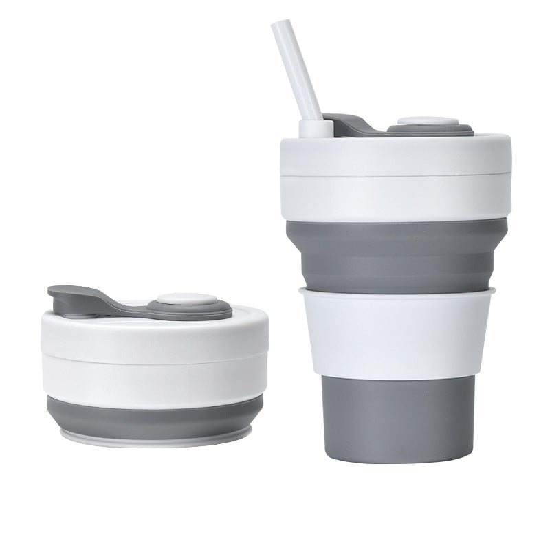 2 Pcs White and Grey 350ml Collapsible Silicone Travel Cup - Portable, Leak-Proof &amp; Food-Grade Drinking Mug with Lid, Insulating Sleeve &amp; Straw