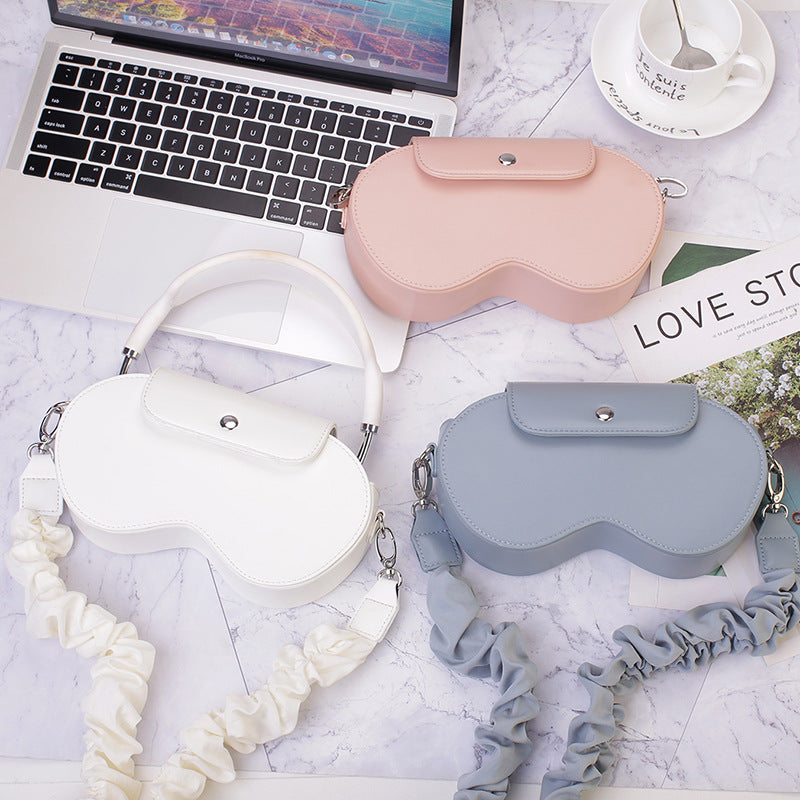 Black Chic PU Leather Crossbody Storage Bag for Apple AirPods Max - Protective Case with Ruched Fabric Strap & Top Handle