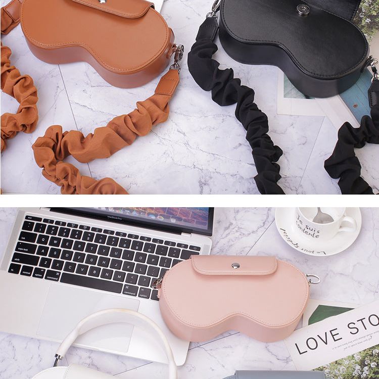 Black Chic PU Leather Crossbody Storage Bag for Apple AirPods Max - Protective Case with Ruched Fabric Strap & Top Handle