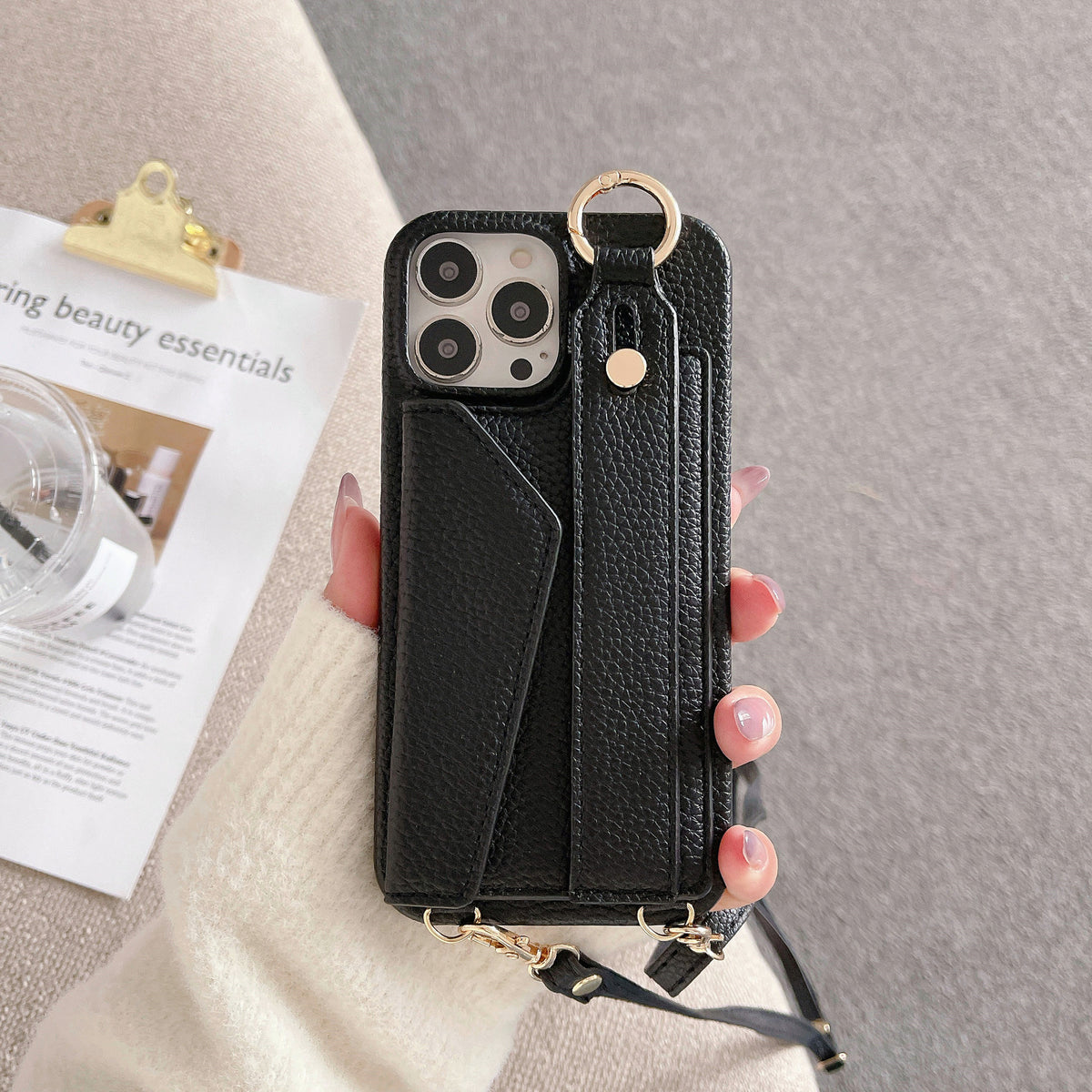 Black Chic PU Leather Crossbody Wallet Case for iPhone 16 Pro Max - Card Holder with Detachable Strap &amp; Finger Ring Grip