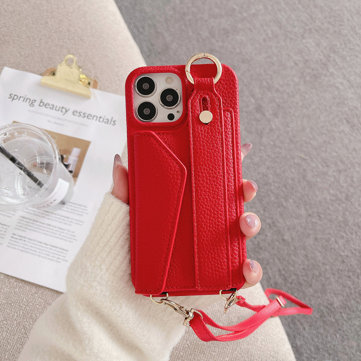 Red Chic PU Leather Crossbody Wallet Case for iPhone 16 Pro - Card Holder with Detachable Strap &amp; Finger Ring Grip