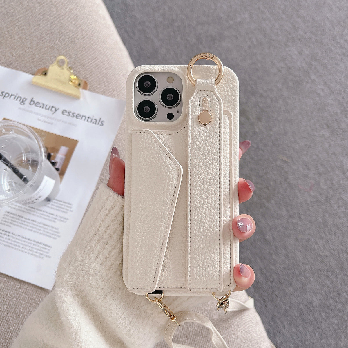 Beige Chic PU Leather Crossbody Wallet Case for iPhone 16 Pro - Card Holder with Detachable Strap &amp; Finger Ring Grip