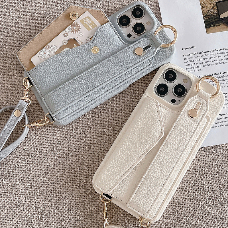 Beige Chic PU Leather Crossbody Wallet Case for iPhone 16 - Card Holder with Detachable Strap & Finger Ring Grip