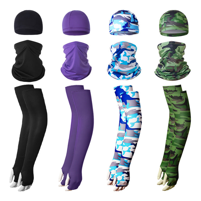 2 Sets Grey Camouflage Cooling UV Protection Set - 2 Skull Cap, 2 Neck Gaiter & 4 Arm Sleeves for Outdoor Sports