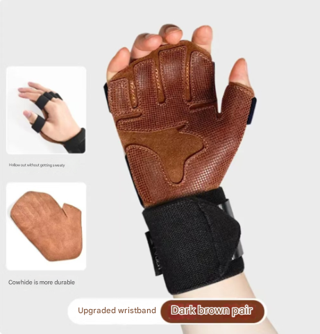 Size L Dark Brown Premium Cowhide Leather Weightlifting Gloves with Wrist Support - Non-Slip Grip, Breathable Fitness Workout Gloves for Gym, WODs, Dumbbells