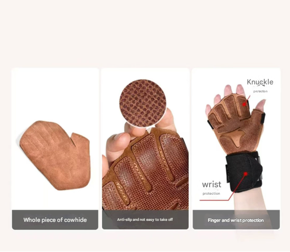 Size L Dark Brown Premium Cowhide Leather Weightlifting Gloves with Wrist Support - Non-Slip Grip, Breathable Fitness Workout Gloves for Gym, WODs, Dumbbells