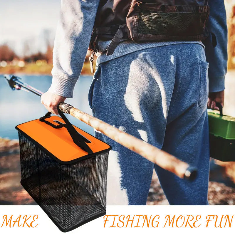 1 Piece Orange and Black Durable Collapsible Fishing Keepnet - Large 40.5L Quick-Dry Coated Nylon Fish Basket for Live Bait &amp; Catch