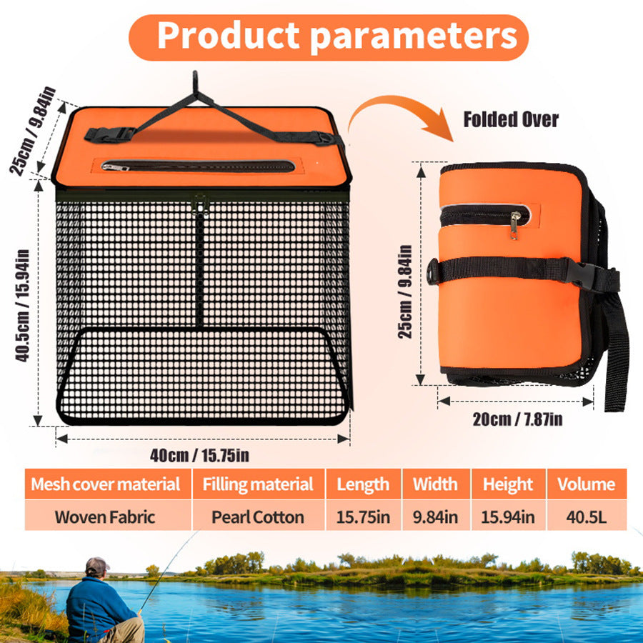1 Piece Orange and Black Durable Collapsible Fishing Keepnet - Large 40.5L Quick-Dry Coated Nylon Fish Basket for Live Bait & Catch