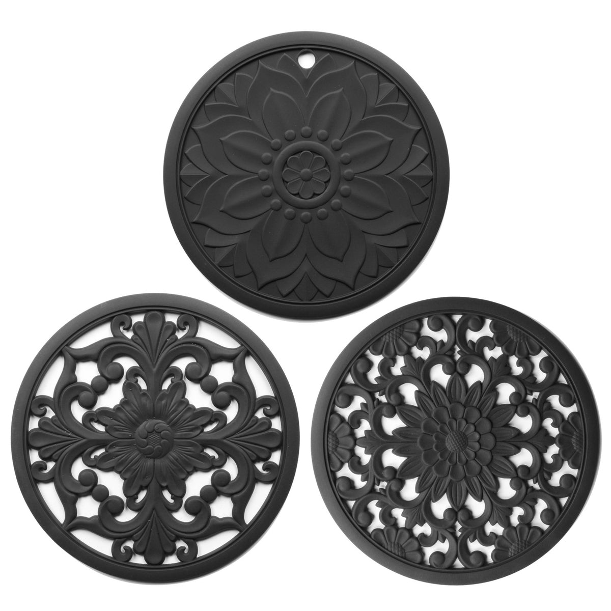 Elegant Floral Silicone Trivet Mat Set (3-Pack, Black) - Heat Resistant, Non-Slip Kitchen Hot Pads &amp; Pot Holders