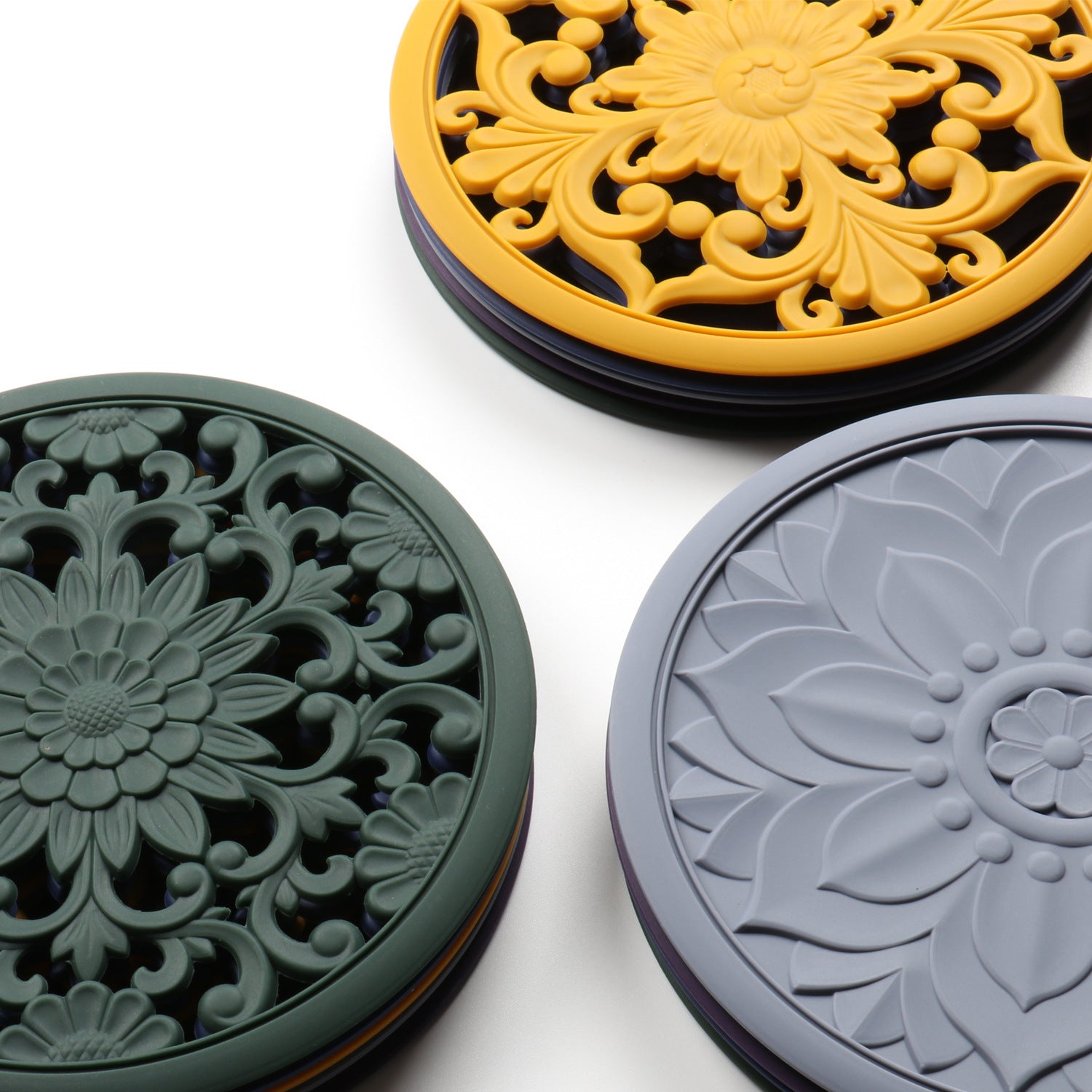 Elegant Floral Silicone Trivet Mat Set (3-Pack, Black) - Heat Resistant, Non-Slip Kitchen Hot Pads & Pot Holders
