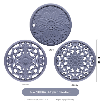 Elegant Floral Silicone Trivet Mat Set (3-Pack, Black) - Heat Resistant, Non-Slip Kitchen Hot Pads & Pot Holders