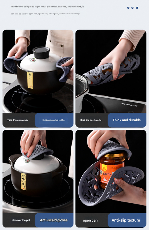 Elegant Floral Silicone Trivet Mat Set (3-Pack, Black) - Heat Resistant, Non-Slip Kitchen Hot Pads & Pot Holders