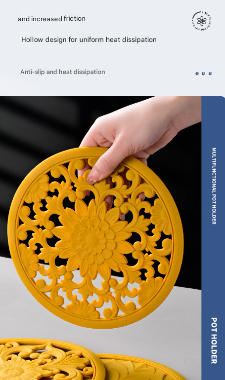 Elegant Floral Silicone Trivet Mat Set (3-Pack, Dark Blue) - Heat Resistant, Non-Slip Kitchen Hot Pads & Pot Holders