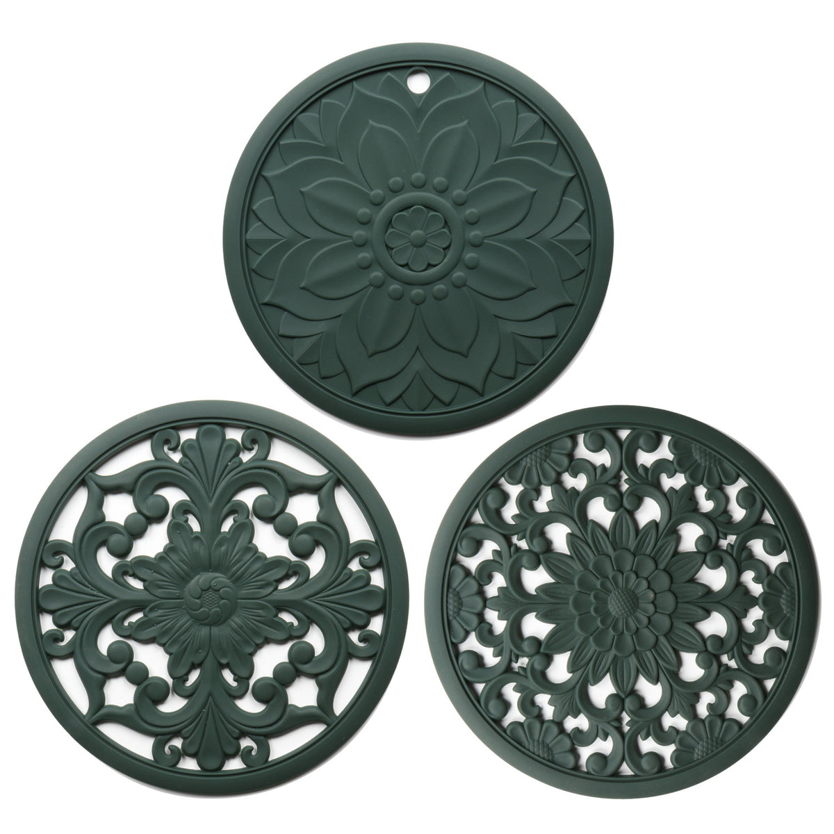 Elegant Floral Silicone Trivet Mat Set (3-Pack, Dark Green) - Heat Resistant, Non-Slip Kitchen Hot Pads &amp; Pot Holders