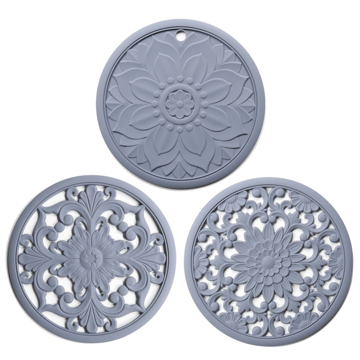 Elegant Floral Silicone Trivet Mat Set (3-Pack, Grey) - Heat Resistant, Non-Slip Kitchen Hot Pads &amp; Pot Holders