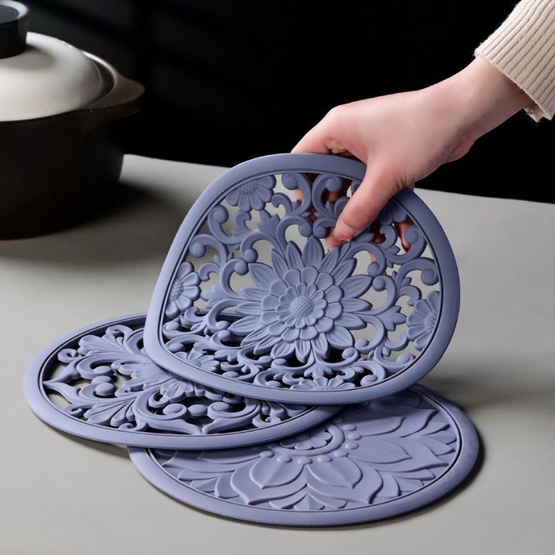 Elegant Floral Silicone Trivet Mat Set (3-Pack, Grey) - Heat Resistant, Non-Slip Kitchen Hot Pads & Pot Holders
